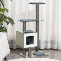 PawHut Árbol Rascador para Gatos de Madera 71,5x49,5x120 cm Torre de Gato con Cueva Plataformas Postes Rascadores Cojines Gris(m-10)