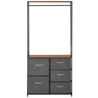HOMCOM Chest of Drawers with Coat rack Steel Frame 5 Drawers  Bedroom Hallway Home Furniture Black Brown(m-8)