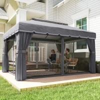 Outsunny Cenador de Jardín 4x3m Pabellón de Jardín Gazebo con Doble Techo 4 Cortinas y Mosquitera Marco de Aluminio UPF50+ Gris(m-8)