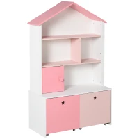 HOMCOM Estantería de Madera Infantil Librería para Niños con 4 Compartimentos 1 Puerta y 2 Cajones Extraíbles con Ruedas para Libros Juguetes 80x34x130 cm Rosa y Blanco(m-11)