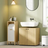 HOMCOM Meuble sous lavabo, meuble de salle de bain 2 portes à fermeture amortie, étagère réglable, 60x39,8x58,5cm, bois naturel(m-11)
