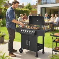 Outsunny Barbacoa de Gas con 6 Quemadores 15 kW Termómetro Parrilla Mesas Laterales Armario y Ruedas 135x51x101 cm Negro(m-2)