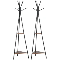 HOMCOM Lot de 2 porte-manteaux trépied meuble d'entrée style industriel branches 2 étagères + 6 patères métal noir(m-7)