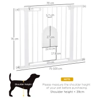 PawHut Dog Gate with Cat Flap Pet Safety Gate Barrier, Stair Pressure Fit, Auto Close, Double Locking, for Doorways, Hallways, 75-103 cm White(m-3)