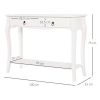 HOMCOM Mesa Consola Aparador Salón Comedor Mueble Recibidor Mesa Auxiliar con Cajones y Estante Diseño Elegante 100x33x75cm Madera Color Blanco Brillo(m-3)