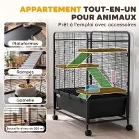 PawHut Cage pour Rongeurs sur Roulantes, 4 Niveaux, 3 Plateformes, 3 Rampes, Bouteille d'Eau, 75x46x94,5cm, Noir(m-8)
