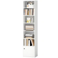 HOMCOM Librería de 7 Niveles Estantería para Libros Moderna con Estantes Abiertos y Puerta 40x30x180 cm Blanco(m-11)
