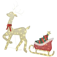 Outsunny Reno Navideño Iluminado con Trineo con 95 LED Blanco Cálido, 8 Modos de Iluminación y Temporizador, Oro(m-7)