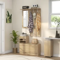 HOMCOM Meuble d'entrée vestiaire panneau porte-manteau, miroir et banc à chaussures - 6 crochets 90x10x91cm effet bois naturel(m-10)