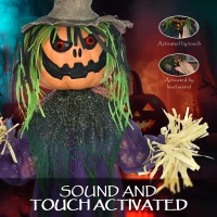 HOMCOM 3'6" Pumpkin Scarecrow Halloween Animatronic, with Glowing Eyes(m-6)