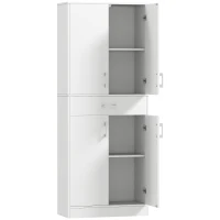 HOMCOM Alacena de Cocina con 4 Puertas 1 Cajón y Estantes Ajustables Antivuelco para Comedor Salón 70,8x34x180cm Blanco y Plata(m-1)