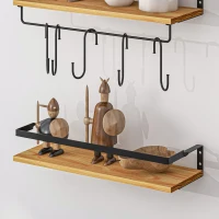 HOMCOM Lot de 2 étagères murales avec 6 crochets amovibles et tringle, style industriel pour cuisine, salle de bain, bois acier(m-9)