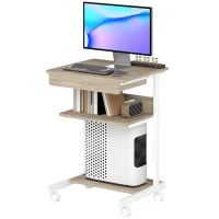 HOMCOM Scrivania PC con Cassetto Scorrevole, 2 Ripiani e 4 Rotelle, in Legno e Metallo, 56x51x79 cm, Bianco e Rovere(m-11)