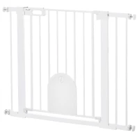 PawHut Dog Gate with Cat Flap Pet Safety Gate Barrier, Stair Pressure Fit, Auto Close, Double Locking, for Doorways, Hallways, 75-103 cm White(m-10)