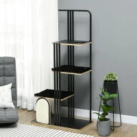 PawHut Kratzbaum, Industrial Design, 3 Plattformen, 2 Liegekissen, Kratzwand, Stahlrahmen, schwarz, 85 x 48 x 170 cm(m-10)