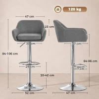 HOMCOM Set 2 Sgabelli Bar Girevoli in Velluto con Altezza Regolabile, Poggiapiedi, Schienale, Base in Metallo, Grigio(m-3)