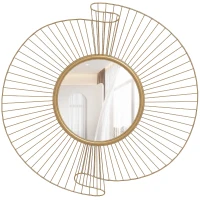 HOMCOM Decorațiune de Perete Oglindă Rotundă, Oglindă Modernă cu Benzi din Metal și Design Plisat, Artă Decorativă pentru Living, Dormitor și Intrare, 60x60 cm, Auriu(m-11)