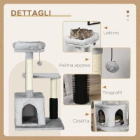 PawHut Albero Tiragraffi per Gatti Multilivello con Lettino e Casetta, Rivestimento in Peluche, Grigio(m-4)