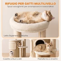 PawHut Tiragraffi per Gatti 90 cm Multilivello con 4 Pali in Sisal, 2 Casette, Cuccia, Pompon, Beige(m-4)