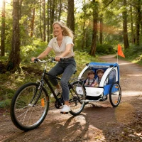 HOMCOM Rimorchio Bici Bambini con 2 Posti, 2 Cinture di Sicurezza, Telaio in Acciaio e Copertura in Tessuto Oxford Blu(m-2)