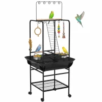 PawHut Aire de jeu sur roulettes pour oiseaux 3 perchoirs en bois 1 échelle 2 mangeoires en inox 155 cm gris foncé(m-11)