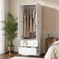 HOMCOM Armario Dormitorio con 2 Cajones, 2 Puertas con Cierre Suave y Barra de Suspensión, 60 x 47 x 180 cm, Blanco(m-6)