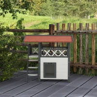 PawHut Casetta per Gatti da Esterno con Terrazza e Scaletta in Legno, 77x50x73cm, Bianco e Grigio(m-7)