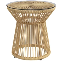 Outsunny Mesa de Ratán Sintético Redonda con Encimera de Cristal y Marco de Metal Carga 30 kg para Patio Jardín Ø40x42 cm Beige(m-11)
