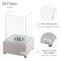 HOMCOM Camino a Bioetanolo da Tavolo con Bruciatore da 0.4L, Biocamino in Acciaio e Vetro per Interni ed Esterni, 20x20x33cm, Argento(m-6)