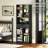 HOMCOM Bibliotecă Modernă din Lemn cu Sertar Central și Kit Anti-răsturnare, 60x26x158 cm, Negru(m-7)