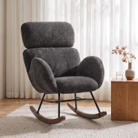 HOMCOM Upholstered Rocking Chair Adjustable Headrest Rocker Chair Raindrop Velvet Rubberwood Base Dark Grey(m-2)