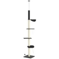 PawHut 240-270cm Floor-To-Ceiling Cat Tree, 5 Tier Cat Climbing Tower, with Bed, Hammock, Platforms, Dark Grey and Cream(m-1)