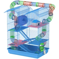 PawHut Jaula para Hámster de Múltiples Niveles con Tubos Plataformas Comedero Bebedero Casita Rueda Escaleras 47x30x59 cm Azul(m-12)