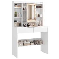 HOMCOM Coiffeuse avec miroir et éclairage LED, table de coiffage avec 2 tiroirs, compartiments ouverts et 8 crochets, Blanc(m-8)