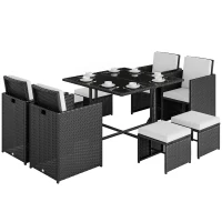 Outsunny 9 Piece Rattan Cube Garden Furniture Dining Set with Armchairs, Footstools and Glass-Top Table, Black(m-1)