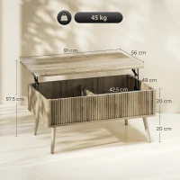 HOMCOM Mesa de Centro Elevable con Compartimentos Ocultos de Almacenaje y Patas de Pino para Salón Comedor 91x56x43 cm Roble(m-3)