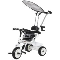 HOMCOM Triciclo para Bebés 6 en 1 Triciclo Evolutivo para Niños de +18 Meses con Toldo Plegable Mango de Empuje Telescópico y Desmontable Asiento Ajustable Cesto y Portabotellas Blanco(m-12)