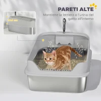 PawHut Lettiera per Gatti XXL in Acciaio Inox con Paletta, Lati Alti, Antiperdita, Antiodore, Fino a 12 kg, Grigio(m-6)