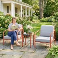 Outsunny Salon de Jardin 3 Pièces, 2 Fauteuils, 1 Table Basse, Coussins Épais, Plateau en Verre Trempé, 63x77x76cm, Rouge Vineux(m-7)