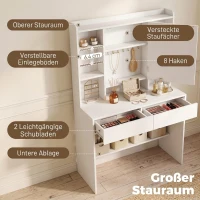 HOMCOM Schminktisch mit Spiegel und LED-Beleuchtung, Frisiertisch mit 2 Schubladen, offenen Fächern und 8 Haken, Weiß(m-5)