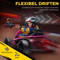 HOMCOM 24 V Elektrisch Go-Kart voor Kinderen tot 13 km/u Gokart met Driftfunctie, Drift-Kart met 2 Motoren voor 8–12 Jaar Roze(m-5)