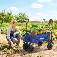 Outsunny Carro de Jardín Plegable con Longitud y Ángulo del Mango Ajustables y Bolsa de Transporte Carga 100 kg Azul Oscuro(m-10)