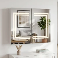 kleankin Armário Casa de Banho com Espelho e Luz LED Interruptor Tátil e Cor da Luz Ajustável 80x15x65 cm Branco Brilhante(m-9)