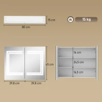kleankin Armário Casa de Banho com Espelho e Luz LED Interruptor Tátil e Cor da Luz Ajustável 80x15x65 cm Branco Brilhante(m-3)