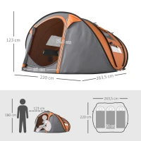 Outsunny Tenda da Campeggio Pop Up 3 Posti con 2 Porte, 4 Finestre e Telo, 263.5x220x123 cm, Arancione(m-3)