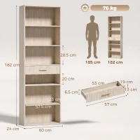 HOMCOM Bookcase Narrow Tall Space-Saving Bookshelf Drawer Open Shelves 60 x 24 x 182 cm Oak Wood Effect(m-3)