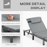 Outsunny Rattan Sun Lounger, 5-Level Adjustable Garden Lounger Recliner with Cushion and Headrest, Outdoor Reclining Sunbed, Steel Frame Garden Chair for Patio, Beach, Terrace, Dark Grey(m-6)