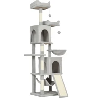 PawHut Arbre à chat tour de jeux pour chat 3 platesformes 2 niches 2 lits 2 hamacs 1 échelle hauteur 177 cm gris clair(m-1)