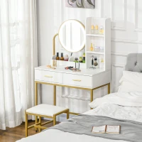 HOMCOM Toeletta Tavolo Trucco con Specchio Illuminato a LED e Sgabello, Cassetti e Ripiani, Bianco(m-10)