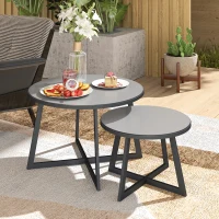Outsunny 2er Set Beistelltisch Stapelbar Gartentisch Rund wetterfest Balkontisch mit X-Beine Glasplatte Stahl Schwarz+Grau(m-10)